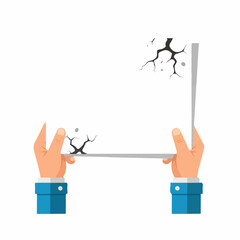 Hands Holding Cracked Paper Sheet with Blue Sleeves, Vector Illustration
