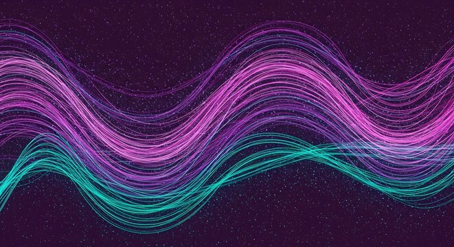 Abstract digital art features undulating, vibrant strands of color on a speckled dark background