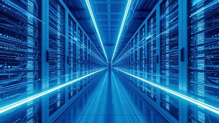 Explore a server room illuminated with neon blue, ideal for futuristic tech themes, data security, and network solutions, offering a glimpse into innovation - Powered by Adobe