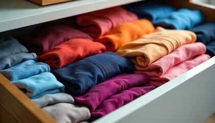 Organized Clothing Drawer Neat Folded Clothes, Meticulous Storage, Calm Minimalist Style