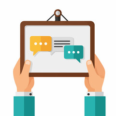 Hands holding a clipboard with colorful speech bubbles