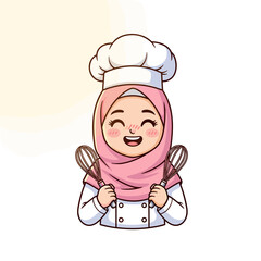 Happy Muslim Female Chef in Hijab Holding Whisks, Ready to Cook or Bake