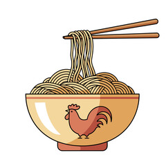 Simple Bowl of Noodles with Chopsticks in a Traditional Chicken Motif Bowl