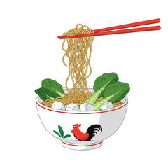 Indonesian Noodle Soup with Bok Choy and Tofu Cubes in a Traditional Chicken Bowl