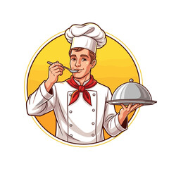 Professional Male Chef Tasting Food with a Spoon and Holding a Covered Serving Platter