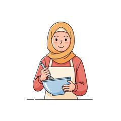 Muslim Female Chef in Hijab and Apron Whisking Ingredients in a Bowl, Home Cooking