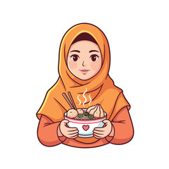 Muslim Woman in Hijab Eating Bakso Noodle Soup with Chopsticks