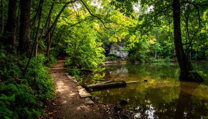 A tranquil, natural path beside a still lake, framed by lush, green trees and dappled light
