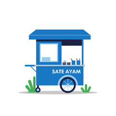 Blue Indonesian Sate Ayam Street Food Cart with Wheels and Serving Area