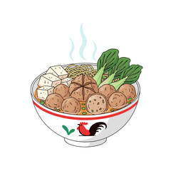 Steaming Indonesian Bakso Noodle Soup with Various Meatballs, Tofu, and Bok Choy