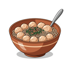 Appetizing bowl of Bakso, Indonesian meatball and noodle soup, served with a spoon, vector illustration.