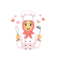 Happy Muslim female chef holding a whisk and ladle, surrounded by hearts, celebrating her love for cooking.