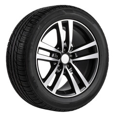 a black car wheel with silver rim isolated on white background