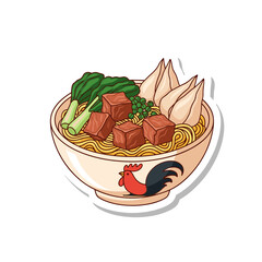 Delicious bowl of Bakso with noodles, meat cubes, bok choy, and dumplings, featuring a classic chicken logo on the bowl, vector illustration.