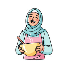 Happy Muslim woman in an apron, joyfully holding a steaming mixing bowl, enjoying her cooking.
