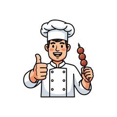 Confident male chef giving a thumbs-up gesture while holding a delicious skewer of bakso meatballs, vector illustration.