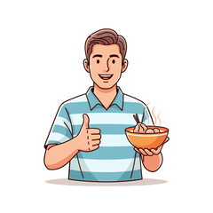 Happy man in a striped shirt giving a thumbs-up, holding a steaming hot bowl of bakso, enjoying his meal.