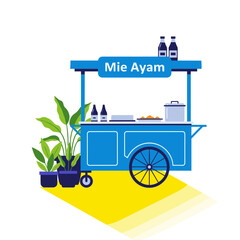 Traditional Indonesian Mie Ayam (chicken noodle) street food cart with decorative potted plants, vector illustration.