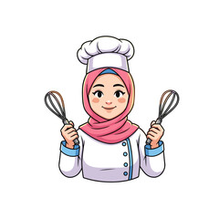 Confident Muslim female chef holding two whisks, ready for baking and cooking, vector illustration.