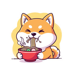 Adorable Shiba Inu dog happily slurping noodles from a bowl, a cute and charming food-themed illustration.
