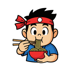 Enthusiastic boy with a red headband happily eating a bowl of noodles with chopsticks, enjoying his meal.
