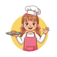 Adorable little girl chef in an apron and chef hat, happily presenting a freshly baked cookie on a plate, vector illustration.