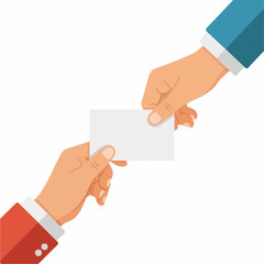 Two businessmen's hands in red and blue suits exchanging a blank white business card, a flat vector illustration.