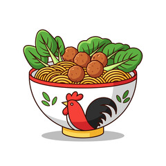 Traditional Rooster Bowl of Bakso Noodles with Meatballs and Greens Illustration