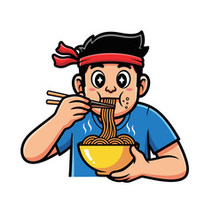 Cartoon Boy Enjoying Hot Noodles with Chopsticks from a Bowl Illustration