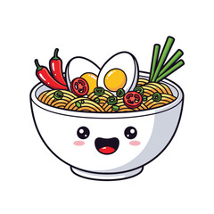 Cute Kawaii Smiley Ramen Bowl with Boiled Eggs, Chili, and Green Onions Illustration