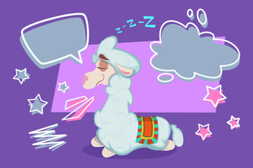 Cartoon llama lounging comfortably, with closed eyes and relaxed expression. Colorful speech bubbles and stars surrounding it, adding playful touch to scene