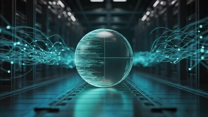Futuristic glowing digital sphere pulsing with turquoise data streams inside a dark server room with metallic floors and ceiling lights - Powered by Adobe