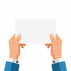 Businessman's hands in a blue suit holding a blank white paper card for text. Flat vector illustration.
