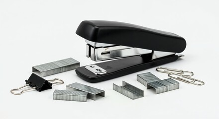 Office Essentials: A black stapler, paper clips, and staple groups arranged neatly, capturing the essence of office supplies and administrative tools.
