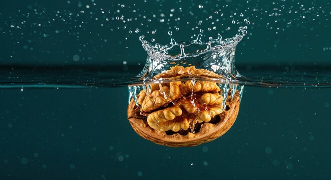 Water Splash Nut: Captivating the dynamic moment of a single walnut cracking the water's surface, creating a mesmerizing splash.