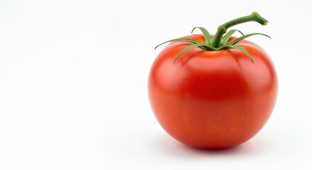 Tomato's Vibrant Perfection: A close-up shot of a luscious, ripe tomato, showcasing its smooth, bright-red skin and a touch of green stem. Perfect for conveying freshness and natural goodness.