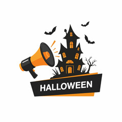 Halloween Announcement with Haunted House, Bats, and Megaphone Illustration
