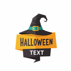 Black pointed witch hat with teal band and golden buckle over orange Halloween text banner.