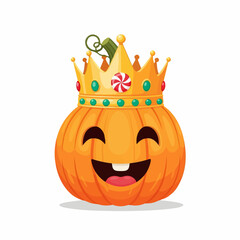 A cheerful cartoon pumpkin king wearing a golden crown adorned with jewels and a peppermint candy.