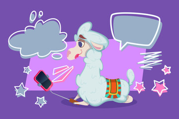 Cheerful llama walking confidently on leash while carrying smartphone. Animal with playful expression ready for fun adventure. Colorful shapes and speech bubbles on background
