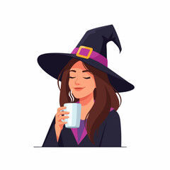 A beautiful young witch in a classic pointed hat smelling a warm, steaming beverage from a mug with a contented smile.