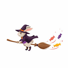 Cute white rabbit witch flying broomstick, purple cape, hat, gold buckles, trailing candies.