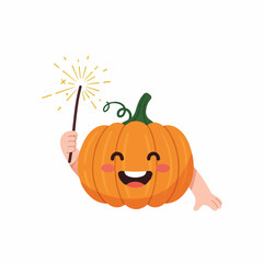 Cute cartoon pumpkin character with a happy smiling face holding a sparkling magic wand.