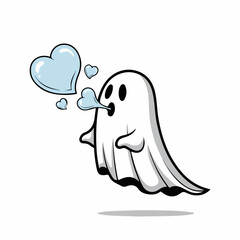 Adorable Cartoon Ghost Blowing Heart-Shaped Bubbles with Black Outlines