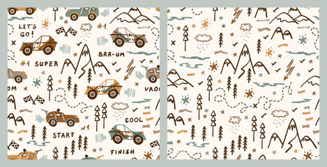 Vector Set of Buggy Car and Highlands Seamless Patterns, Doodle Transportation Background for Kids in Earth Colors with Toy Racing Cars © AllNikArt