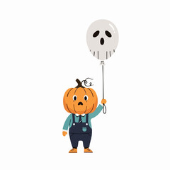 Whimsical pumpkin-headed character in blue overalls holding a spooky skull balloon
