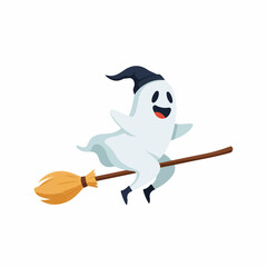 Cartoon Ghost with Witch Hat Flying on Broomstick for Halloween
