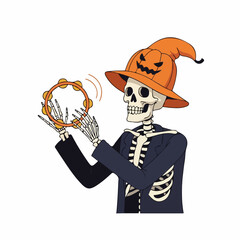 Cartoon Skeleton Wearing Pumpkin Hat Playing Tambourine for Halloween