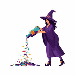 Witch in Purple Robes Pouring Colorful Magic Potion from Bottle