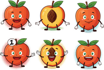 Cartoon peach characters, cute fruit emoticons, sliced peach with pit, happy expressions, vector illustration for kids, food, education, and design